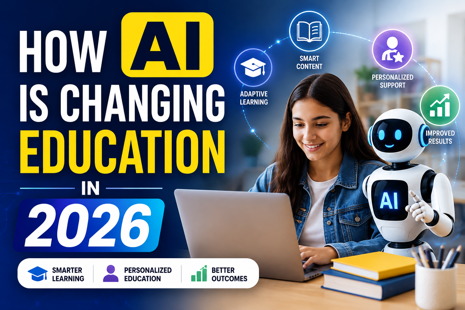 How AI is changing education in 2026 with an AI robot helping a student learn on a laptop.